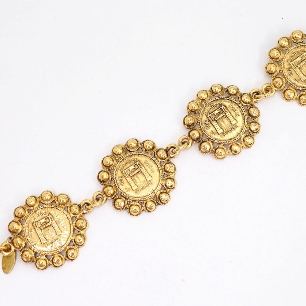 CHANEL Logos 31 Rue Cambon PARIS Coin Bracelet 7.5" Gold Tone Auth w/Box k1139 - Picture 12 of 16